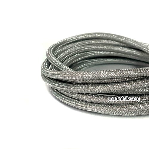 Marketcik 2x0,50mm Krom Gümüş Renkli Dekoratif Örgülü Kumaş Kablo, 5 Metrelik Paket