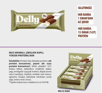 DELLY ÇİKOLATA KAPLI YÜKSEK PROTEİNLİ BAR - MUZ AROMALI (12 ADET)