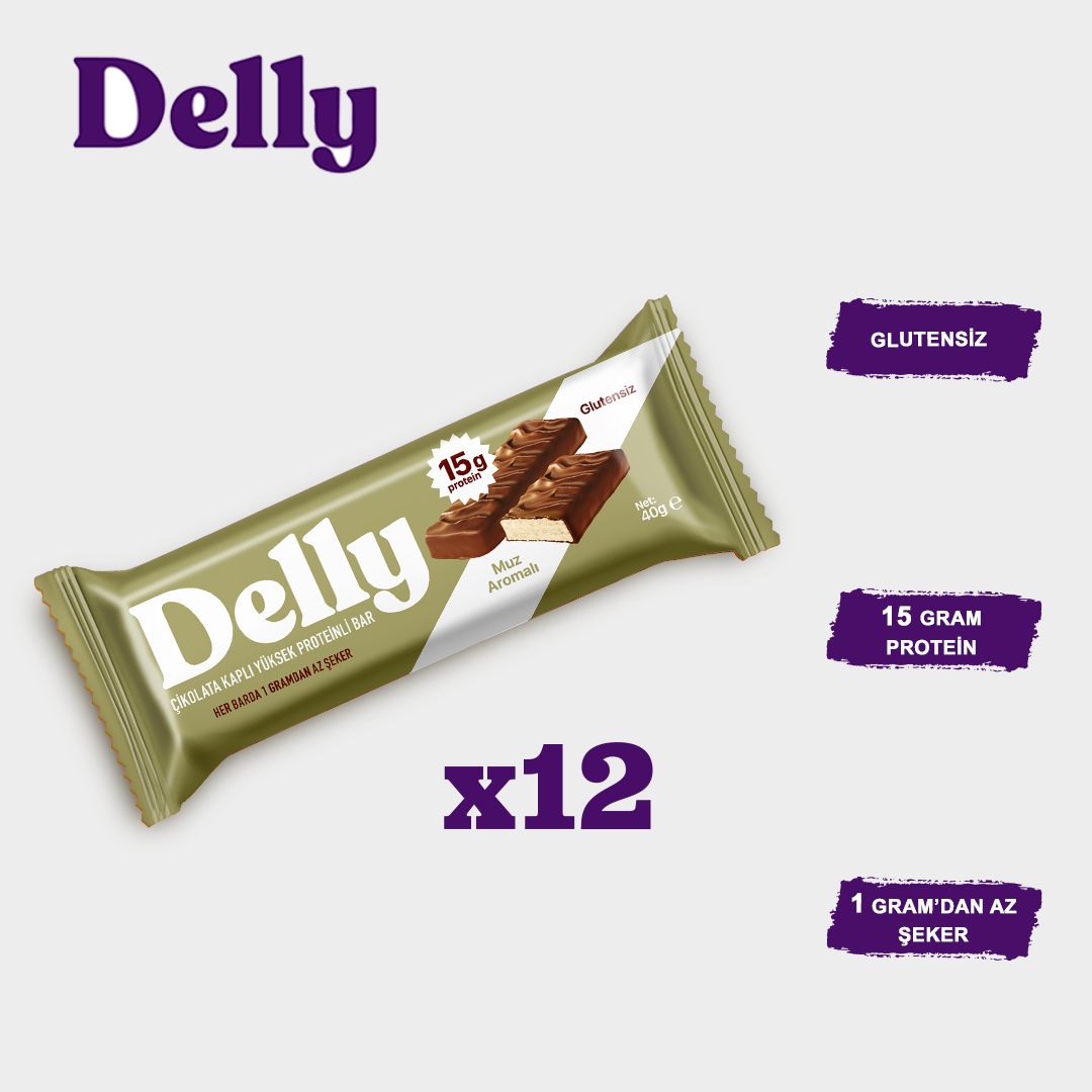 DELLY ÇİKOLATA KAPLI YÜKSEK PROTEİNLİ BAR - MUZ AROMALI (12 ADET)