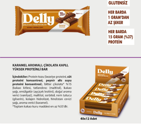 DELLY ÇİKOLATA KAPLI YÜKSEK PROTEİNLİ BAR - KARAMEL AROMALI (12 ADET)