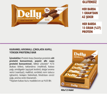 DELLY ÇİKOLATA KAPLI YÜKSEK PROTEİNLİ BAR - KARAMEL AROMALI (12 ADET)