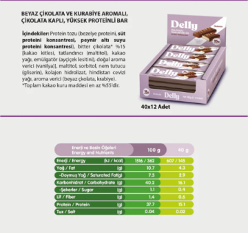 DELLY ÇİKOLATA KAPLI YÜKSEK PROTEİNLİ BAR - BEYAZ ÇİKOLATA & KURABİYE AROMALI (12 ADET)
