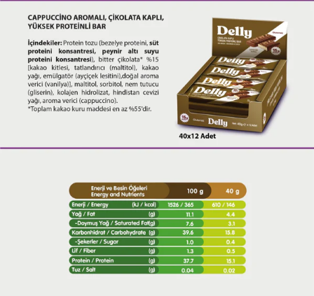 DELLY ÇİKOLATA KAPLI YÜKSEK PROTEİNLİ BAR - CAPPUCCİNO AROMALI (12 ADET)