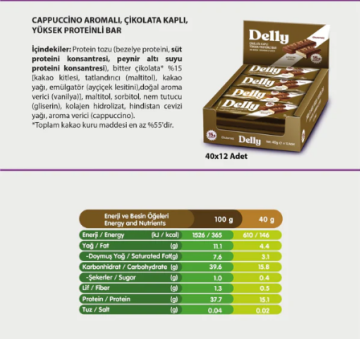 DELLY ÇİKOLATA KAPLI YÜKSEK PROTEİNLİ BAR - CAPPUCCİNO AROMALI (12 ADET)