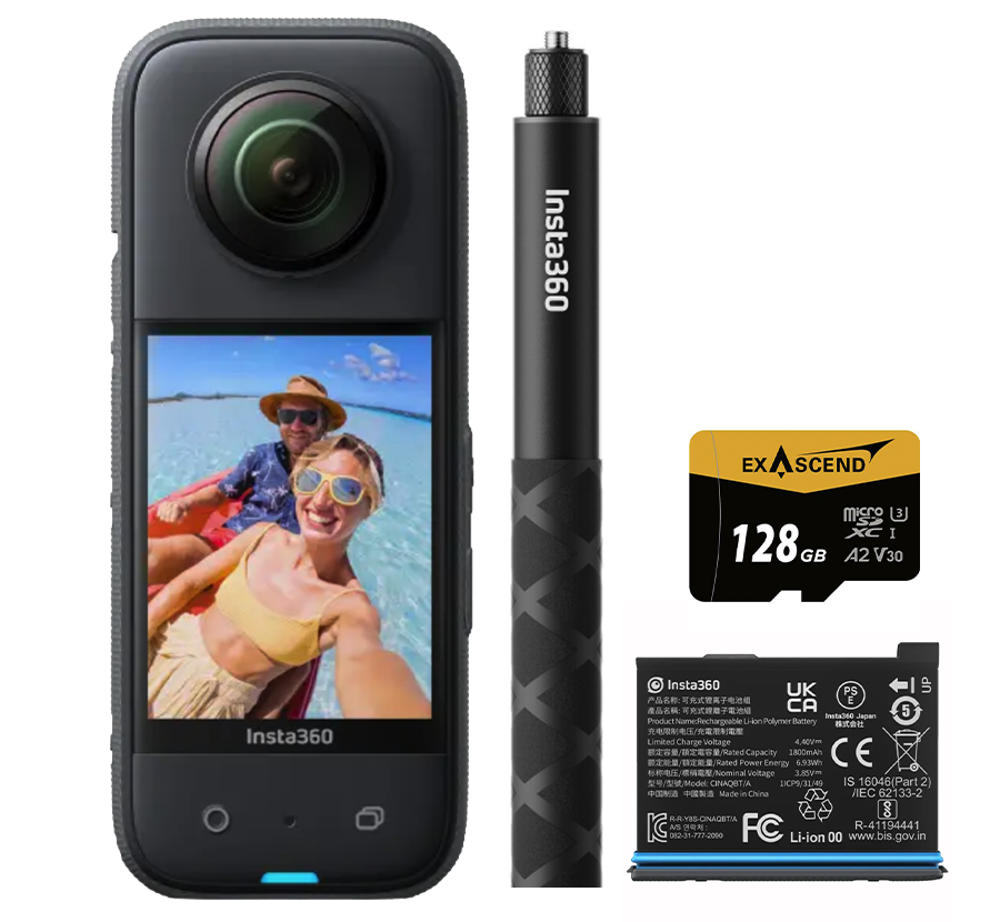 Insta360 X3 360 Kamera + Orijinal Yedek Batarya + 114cm Selfie Stick + Exascend 128GB MicroSDXC