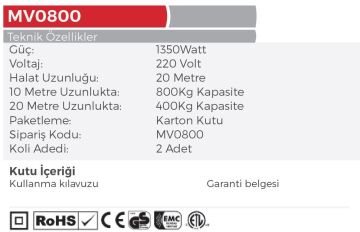 MyTOL MV0800 - Bakır Sargı Elektrikli Yük Kaldırma Vinçi 400-800 KG