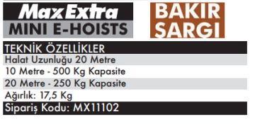 MAX EXTRA MX11102 - 250 / 500 Kg Elektrikli Vinç Yük Kaldırma Bakır Sargı