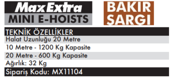 MAX EXTRA MX11104 - 600 / 1200 Kg Elektrikli Vinç Yük Kaldırma Bakır Sargı
