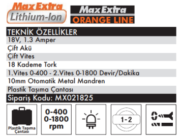 MAX EXTRA MX1825L Akülü Vidalama18 Volt 1.3 Amper Çift Akü