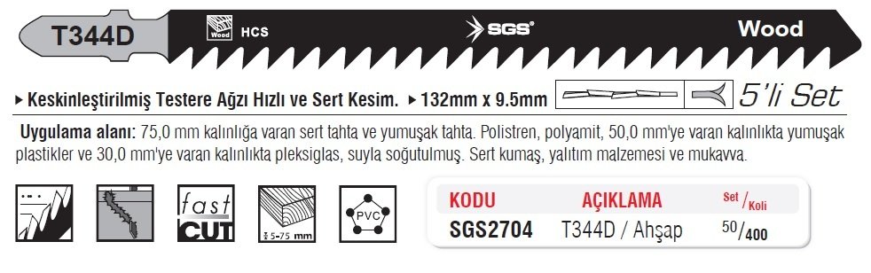 SGS 2704 (T344D) Dekupaj Ağzı Ahşap Kesme Ucu 132mm x 9.5mm (5 Adet Fiyatı)