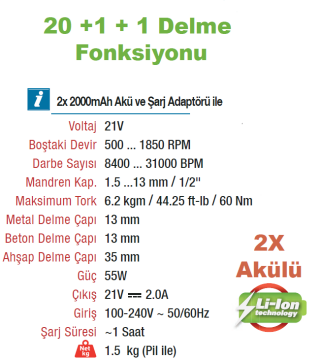 VIDO Akülü Kompakt Kömürsüz Motor Darbeli Matkap  21 Volt (WD04021021)