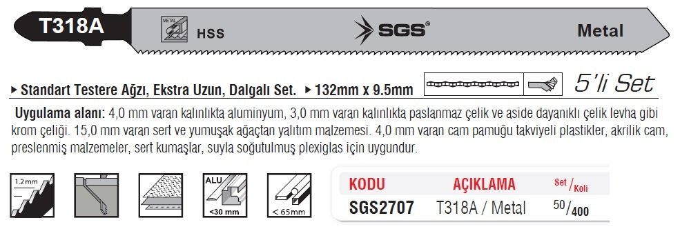 SGS 2707 (T318A) Dekupaj Ağzı Metal Kesme Ucu 132mm x 9.5mm (5 Adet Fiyatı)
