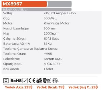 MAX EXTRA MX8967 - 24 Volt 20 Amper Akülü Çay Toplama Makinesi