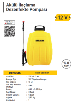 RTR Max Şarjlı İlaçlama Pompası 16 Litre / 12 Volt