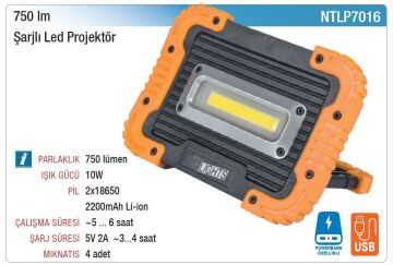 NT Lights NTLP7016 Şarjlı Led Aydınlatma Projektör 750 Lümen