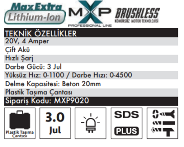 MAX EXTRA  MXP9020 20 Volt Akülü Delici Matkap 4 Amper 2 Akü