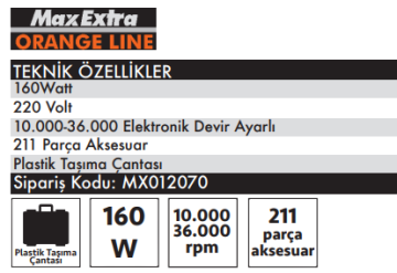 MAX EXTRA MX2070 Gravür Hobi Seti 160 Watt 211 Parça
