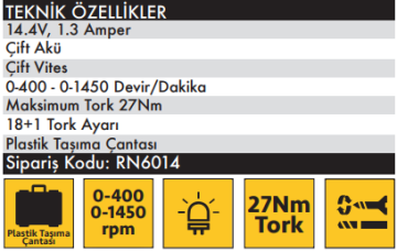 ROWN RN6014 Çift Akülü 14.4 Volt Akülü Matkap 1.3 Amper