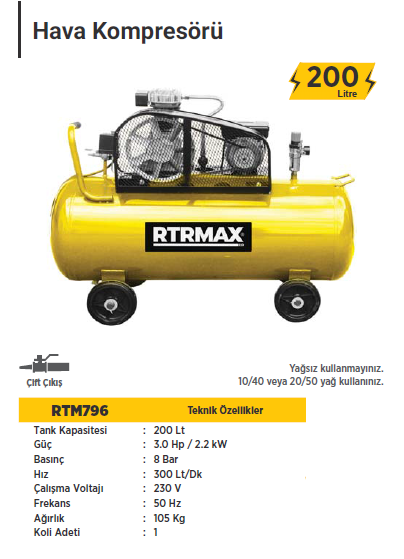 RTR MAX Hava Kompresörü 200 Litre / 3,0 Hp / 2,2 KW