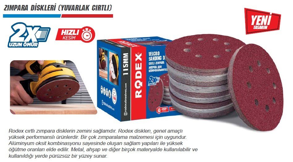 RODEX Zımpara Diskleri (Yuvarlak Cırtlı 8 Delikli) 115 mm - 100 Adet