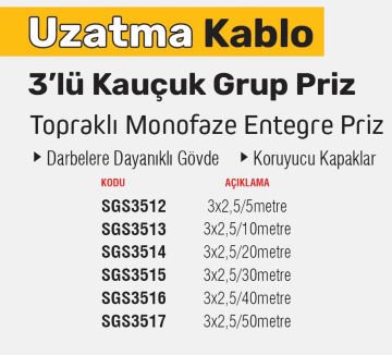 SGS Uzatma Kablo Kauçuk Üçlü Priz - Topraklı Monofoze Entegre Priz