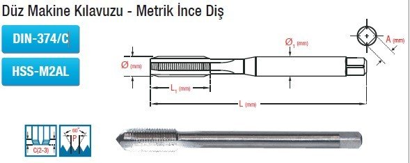 MAİER  Düz Makine Kılavuzu - Metrik İnce Diş (DIN-374/C) (HSS-M2AL)