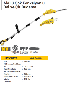 RTR MAX Akülü Çok Fonksiyonlu Yüsek Dal ve Çit Budama (Aküsüz)
