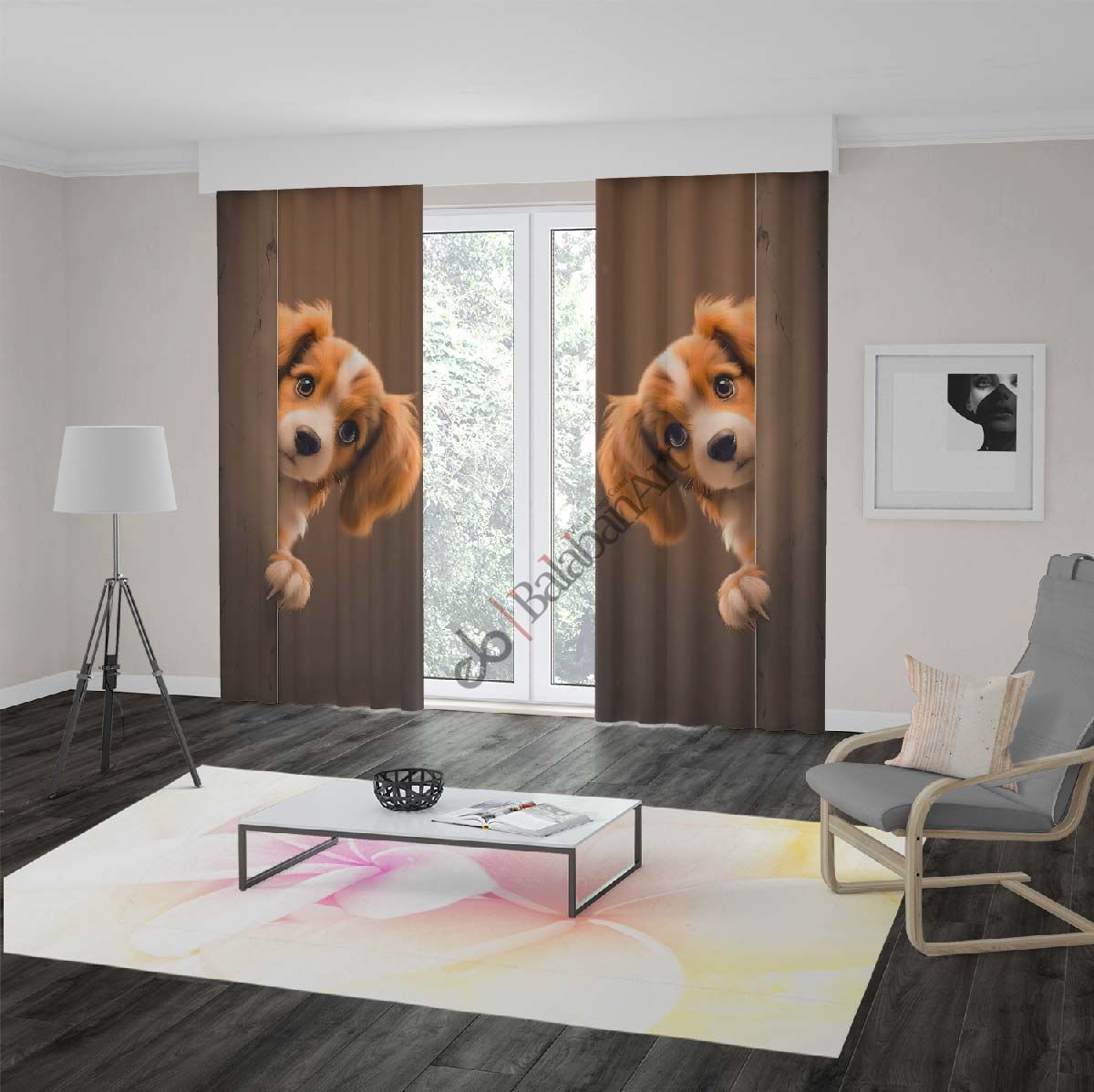 Sevimli Köpek Desenli Dijital Baskılı Fon Perde