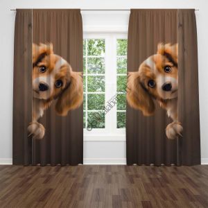 Sevimli Köpek Desenli Dijital Baskılı Fon Perde