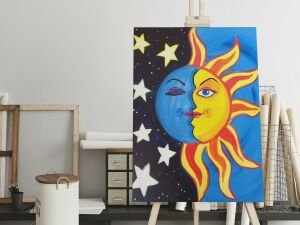 Ay Güneş ve Yıldızlar Led Işıklı Kanvas  Tablo