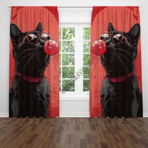 Kedi Baloncuk Kırmızı Siyah Dijital Baskılı Fon Perde