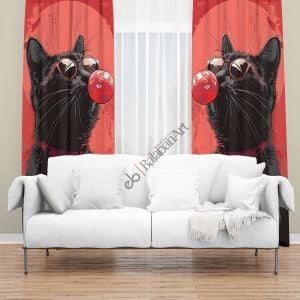 Kedi Baloncuk Kırmızı Siyah Dijital Baskılı Fon Perde