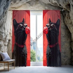 Kedi Baloncuk Kırmızı Siyah Dijital Baskılı Fon Perde