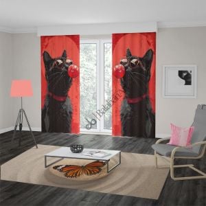 Kedi Baloncuk Kırmızı Siyah Dijital Baskılı Fon Perde