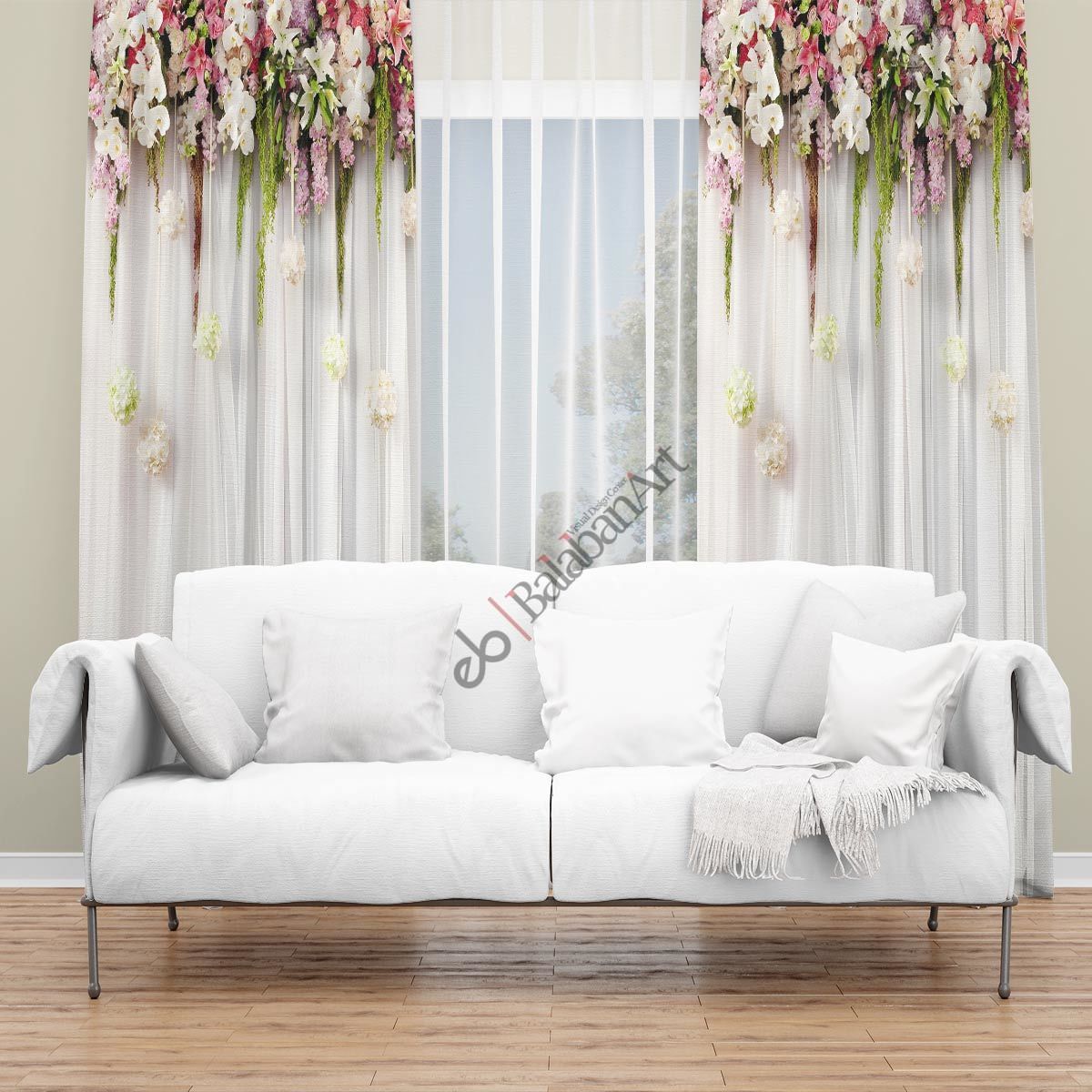 Çiçekli Tül Perde Desenli Baskılı Fon Perde Çift Kanat 280x270 cm