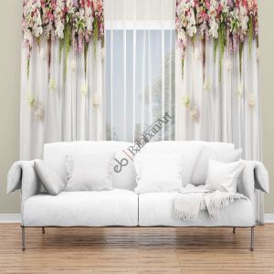 Çiçekli Tül Perde Desenli Baskılı Fon Perde Çift Kanat 280x270 cm