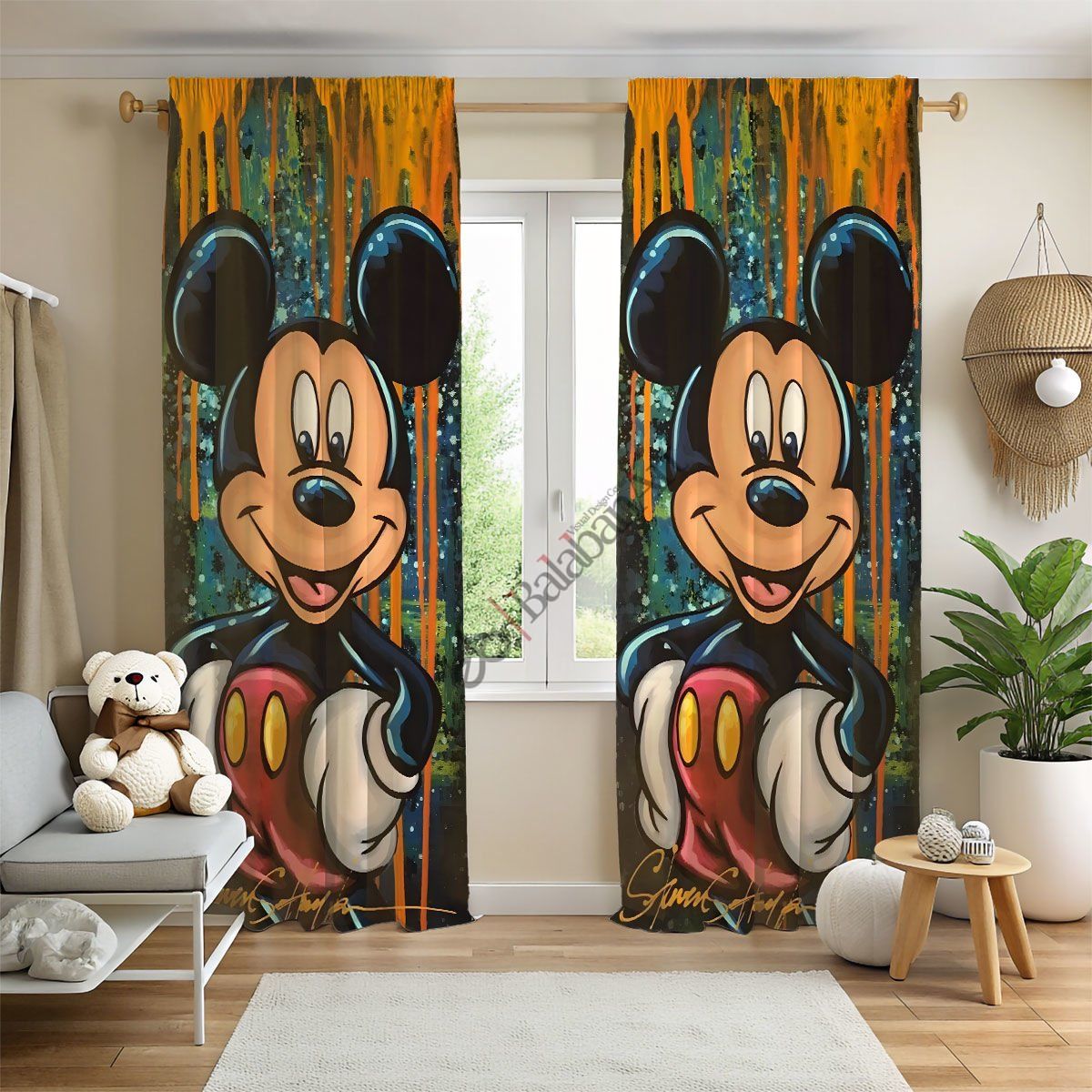 mickey mouse çocuk odası baskılı fon perde