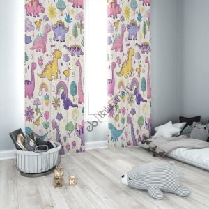 Dinazor ve Gökkuşağı Çocuk Odası Dijital Baskılı Fon Perde