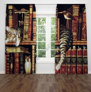 Kedi Kütüphane Dijital Baskılı Fon Perde
