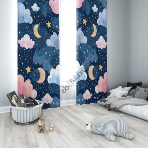 Gece Yıldız ve Bulutlar Çocuk Odası Perde