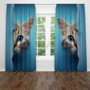 Mavi Kedi Dijital Baskılı Fon Perde