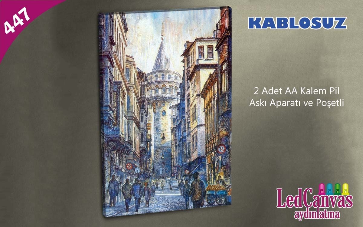 Suluboya Galata Kulesi Led Işıklı Kanvas Tablo