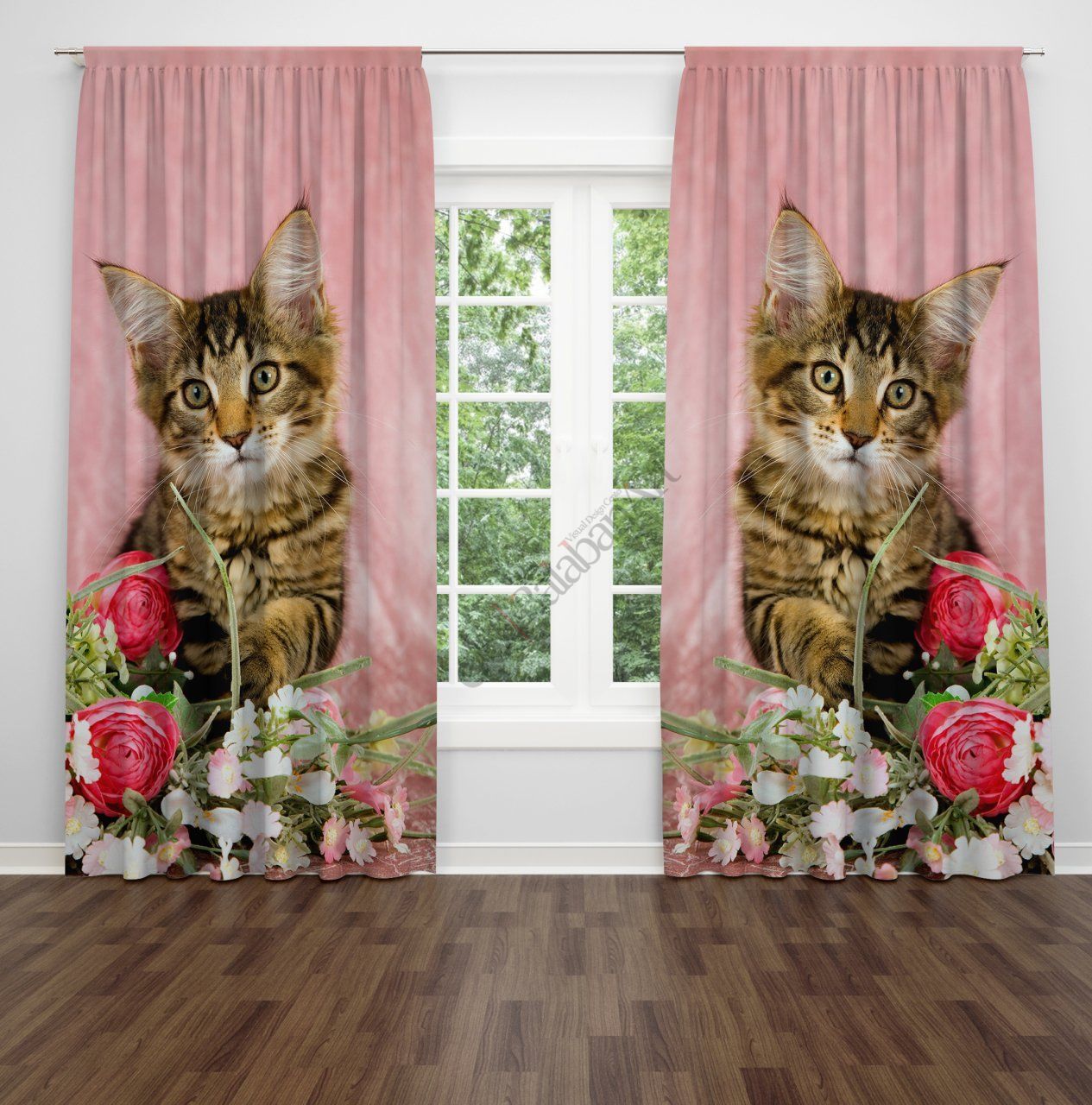 Kedi ve Çiçekler Dijital Baskılı Fon Perde