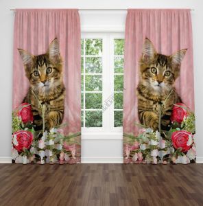 Kedi ve Çiçekler Dijital Baskılı Fon Perde
