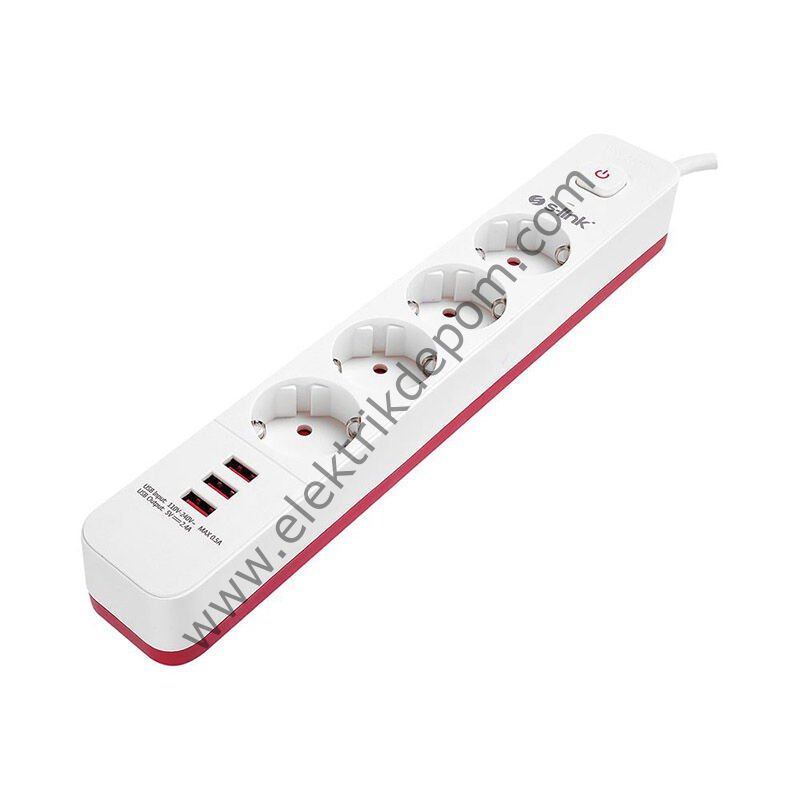 S-LINK SPG403U 4'LÜ 1.5 METRE KABLOLU 750 JOULE 3X5 VOLT - 2.4 AMPER USB'Lİ ANAHTARLI AKIM KORUMALI PRİZ