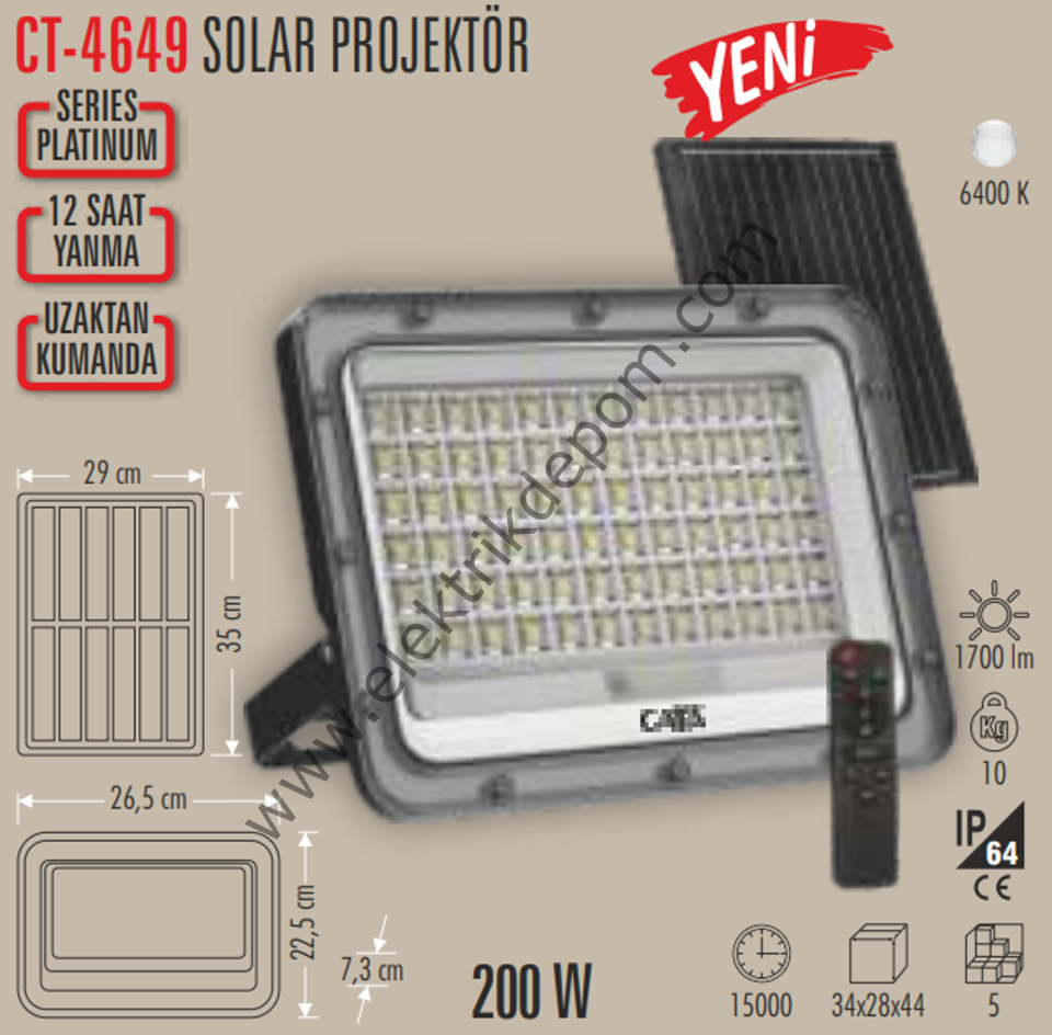 CATA 200 W LED SOLAR PROJEKTÖR / CT-4649 / 6400K / 1700LM