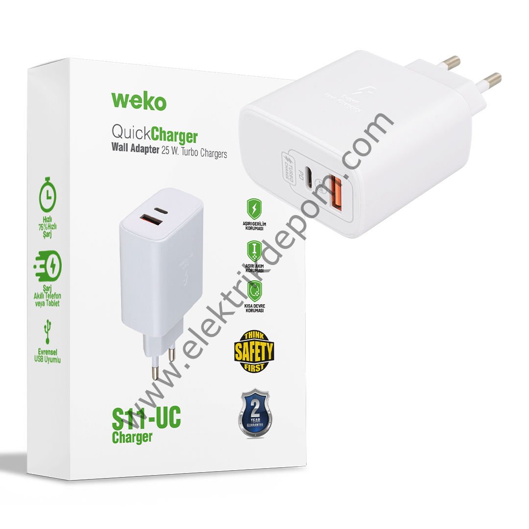 WEKO WK-21446 S11-UC 25 WATT 3.0 AMPER TYPE-C + USB ŞARJ BAŞLIK ADAPTÖRÜ