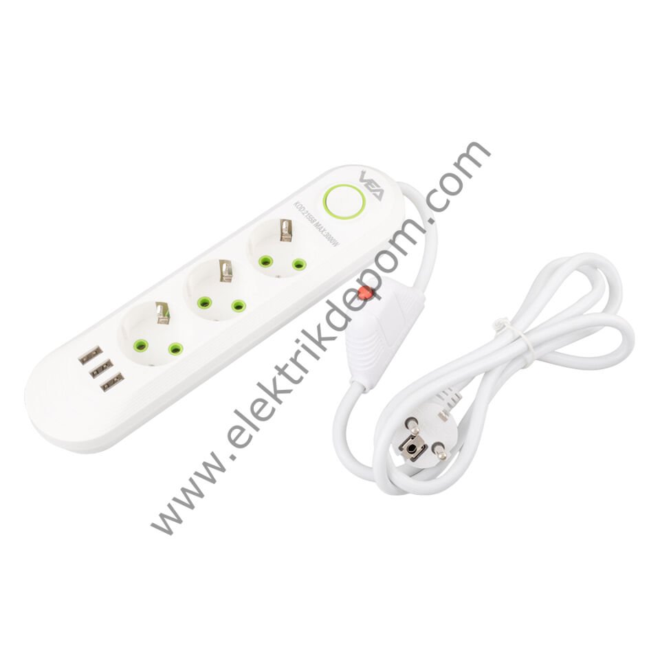 VEA VA-21558 3'LÜ 1.5 METRE KABLOLU 3 USB'Lİ BEYAZ AKIM KORUMALI PRİZ