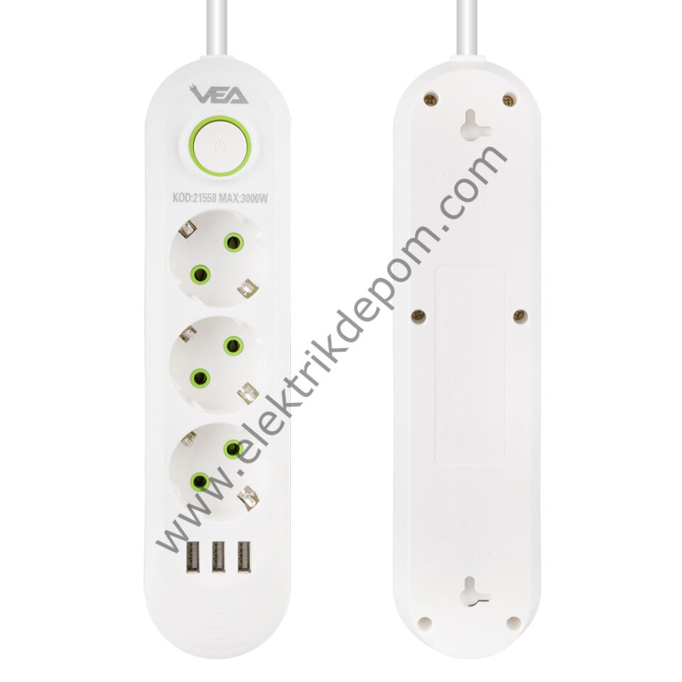 VEA VA-21558 3'LÜ 1.5 METRE KABLOLU 3 USB'Lİ BEYAZ AKIM KORUMALI PRİZ