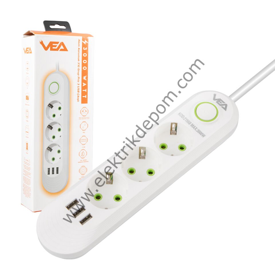 VEA VA-21558 3'LÜ 1.5 METRE KABLOLU 3 USB'Lİ BEYAZ AKIM KORUMALI PRİZ